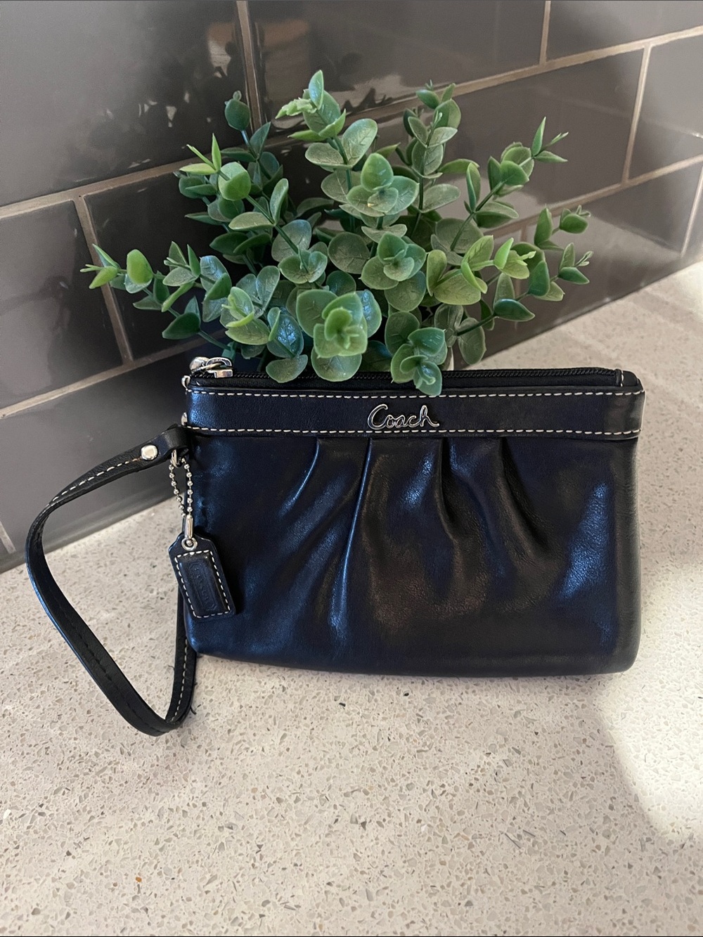 Authentic Coach Y2K Black Leather Pleated Wristlet with Silver Hardware